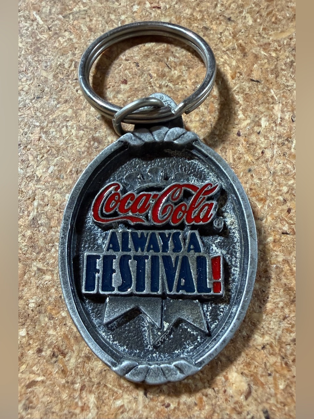 Vintage 90s Coca-Cola Always Festival Keychain Pewter Metal Enamel Slogan Sign